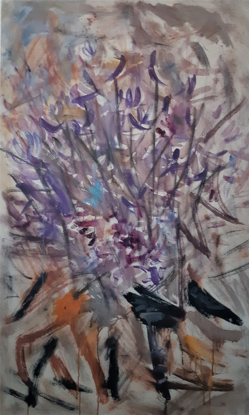Kristina Čivilytė tapytas paveikslas Žibuoklių žydėjimas karantino metu, Abstrakti tapyba , paveikslai internetu