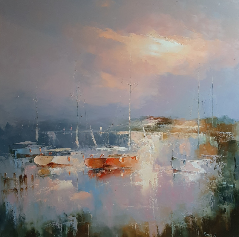Fog Over The Lagoon original painting by Rimantas Grigaliūnas. Marine Art