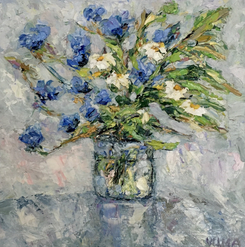 Vilma Gataveckienė tapytas paveikslas Rugiagėlių ir ramunių puokštė, Gėlės , paveikslai internetu