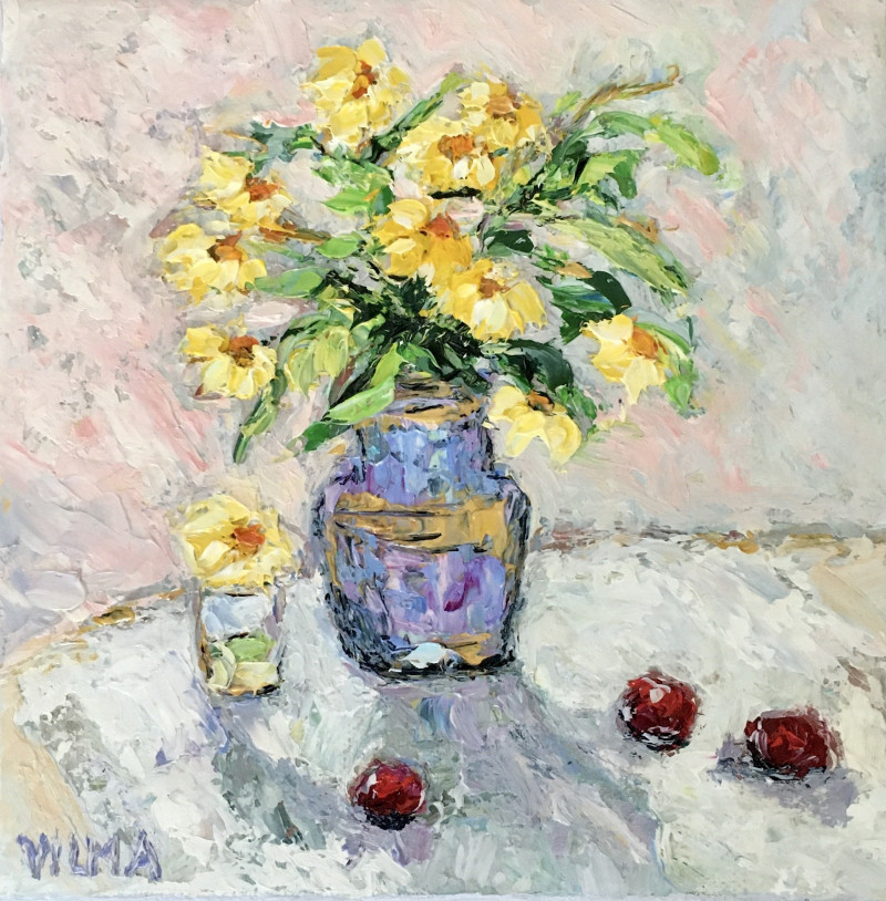 Vilma Gataveckienė tapytas paveikslas Geltonų gėlių puokštė, Miniatiūros - Maži darbai , paveikslai internetu