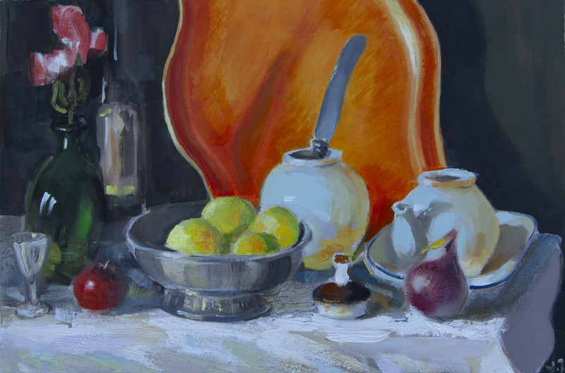 Vidmantas Jažauskas tapytas paveikslas Natiurmortas su padėklu ir keptais obuoliais, Natiurmortai , paveikslai internetu