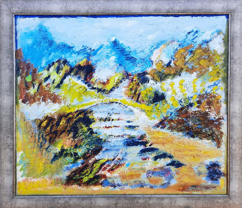 Yellow Mountains And Yellow Bridge original painting by Gitas Markutis. Landscapes