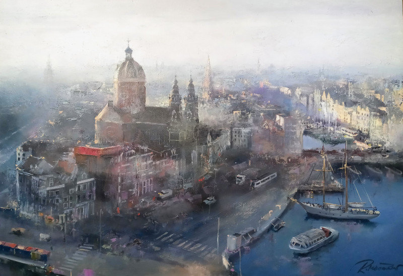 Breathtaking Amsterdam original painting by Rolandas Mociūnas. Urbanistic - Cityscape