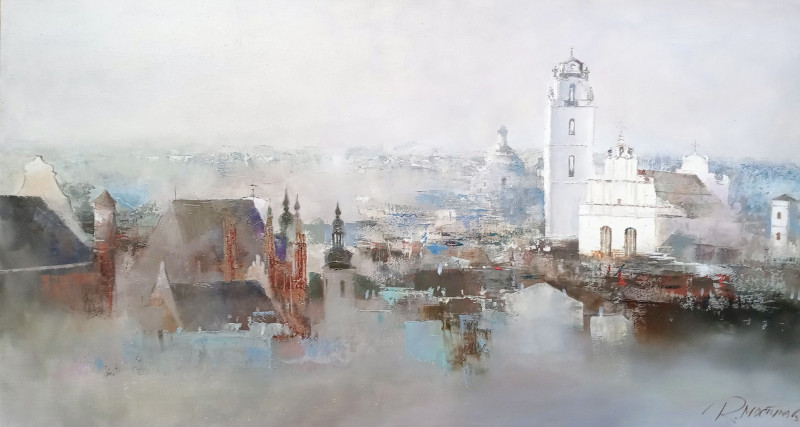 Vilnius early in the morning original painting by Rolandas Mociūnas. Urbanistic - Cityscape