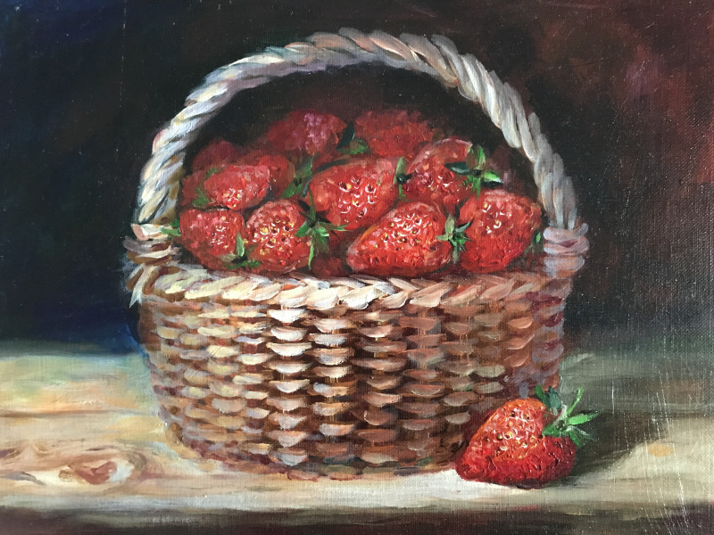 Basket of strawberries original painting by Birutė Bernotienė-Vall. Still-Life