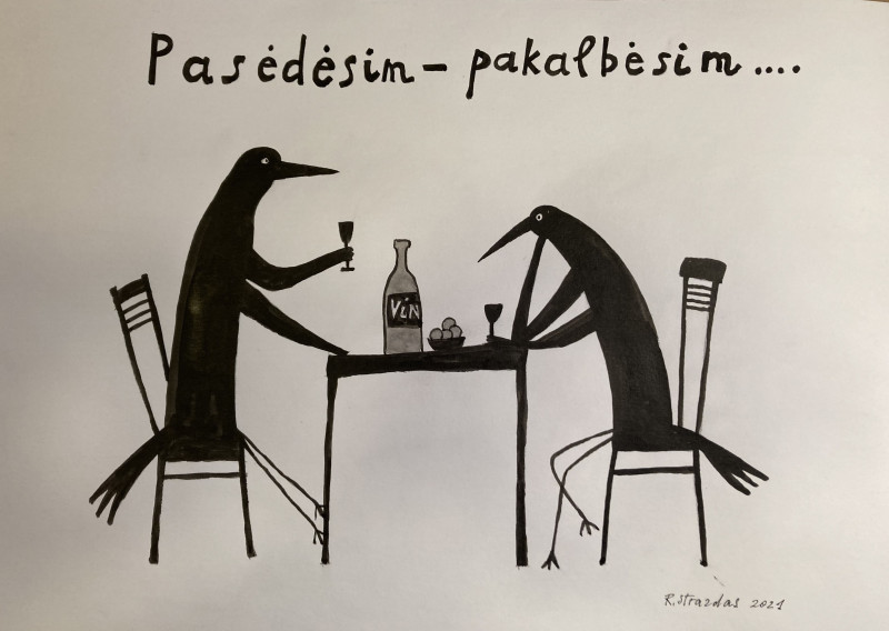 Robertas Strazdas tapytas paveikslas Iš ciklo šarkos Ilonos nutikimai \\"Apie vyno gėrimą, Animalistiniai paveikslai , paveik...