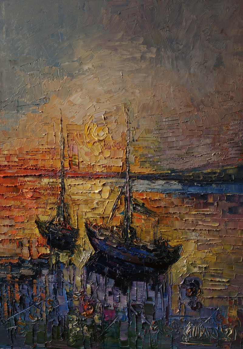 Simonas Gutauskas tapytas paveikslas Laiveliai vakarinėse mariose, Peizažai , paveikslai internetu