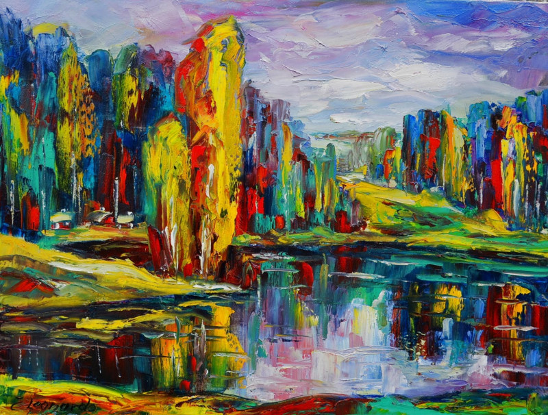 Autumn at the lake original painting by Leonardas Černiauskas. Landscapes