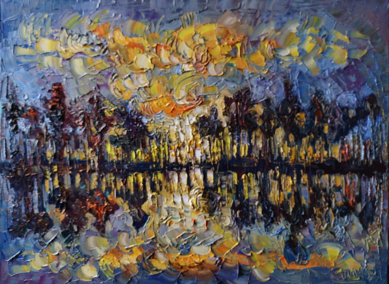 Yellow Clouds Above The Lake original painting by Simonas Gutauskas. Landscapes