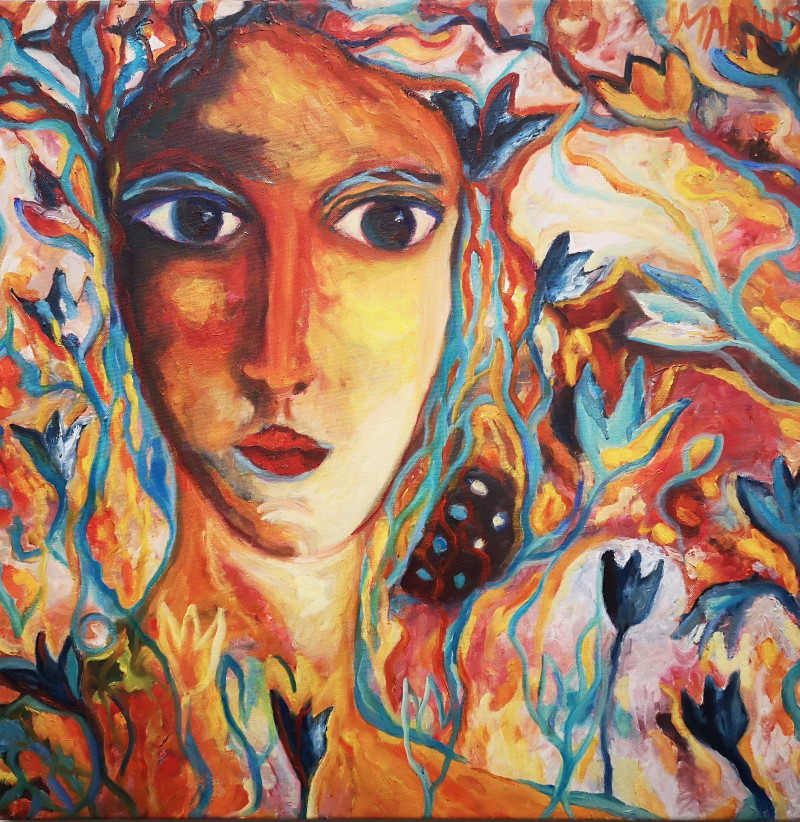 Looking Through the Flowers original painting by Marius Abramavičius-Neboisia. Beauty Of A Woman
