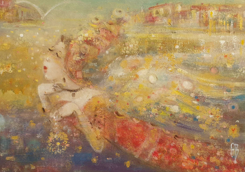 Flying Angel original painting by Genutė Burbaitė. Fantastic