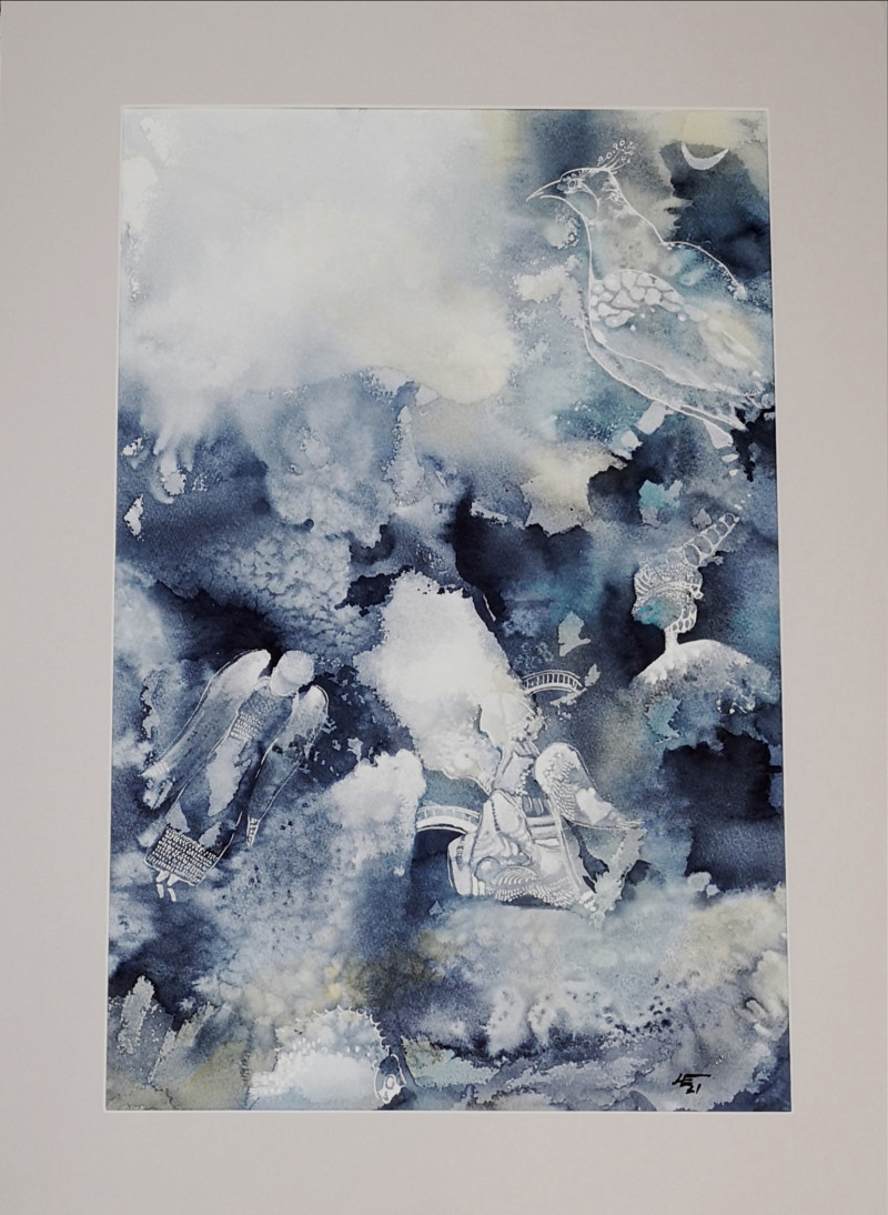 Angel's wedding or the bird of happiness ascends to heaven original painting by Eglė Lipinskaitė. Angels