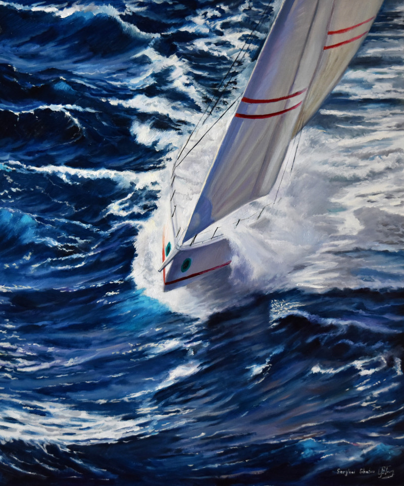 Against Wind II original painting by Serghei Ghetiu. Marine Art