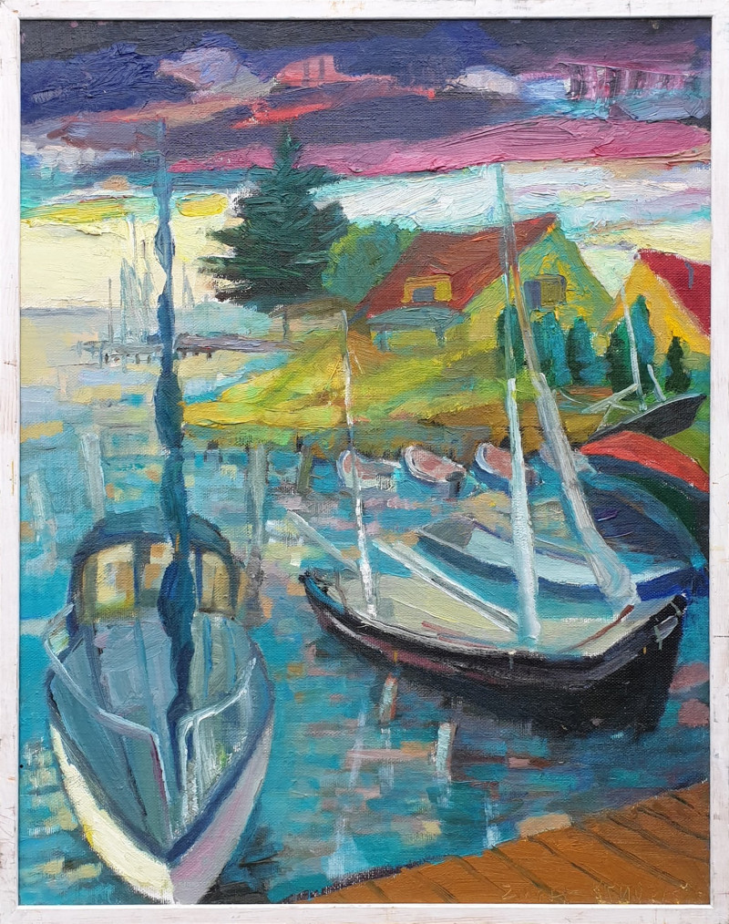 Lagoon ships 2012 original painting by Saulius Kruopis. Landscapes