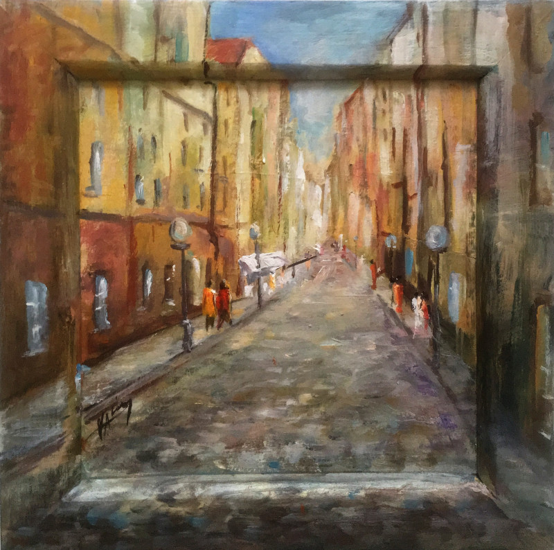 Oldtown Street original painting by Voldemaras Valius. Urbanistic - Cityscape