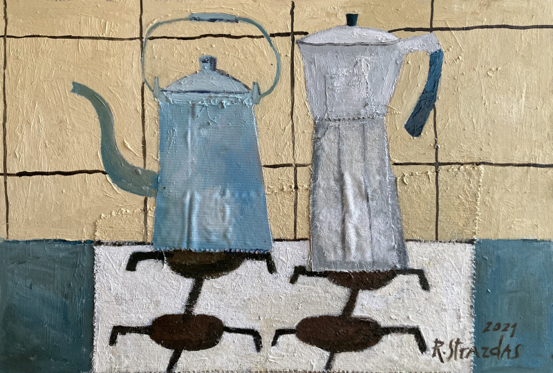 Clean four-burner stove, tea and coffee kettle original painting by Robertas Strazdas. For the kitchen