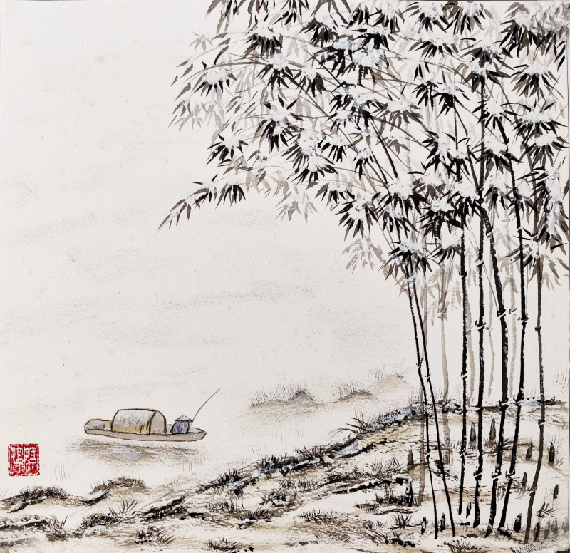 Indrė Beinartė tapytas paveikslas Žvejys prie žiemiško ežero, Kaligrafija - Rytų tapyba , paveikslai internetu