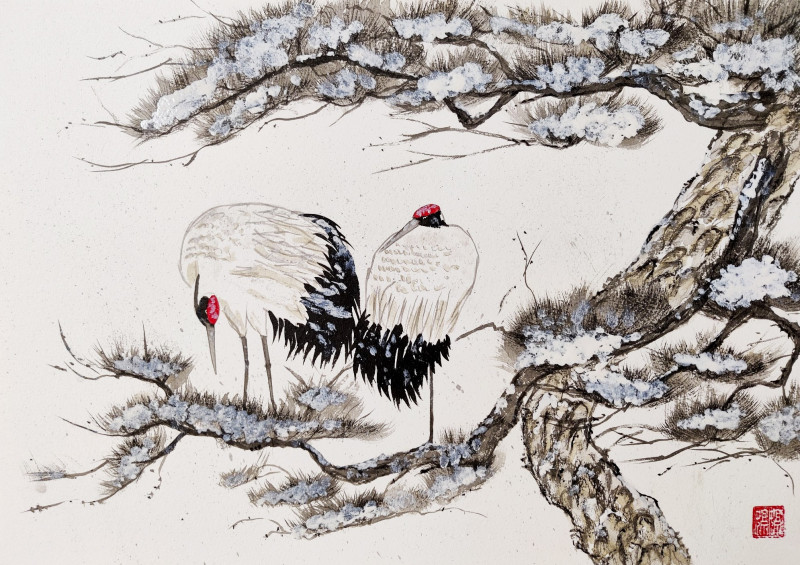 Two Cranes on a Snowy Pine original painting by Indrė Beinartė. Animalistic Paintings