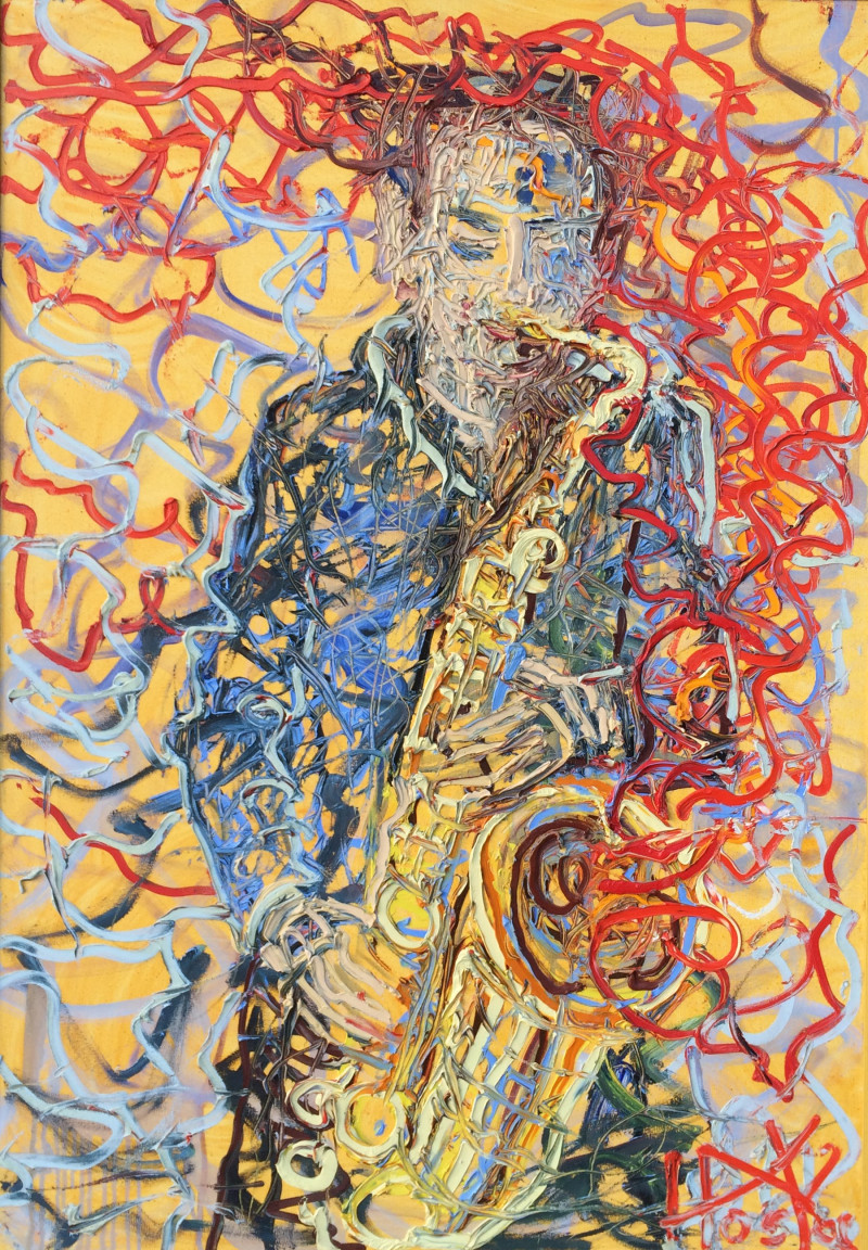 Saxophonist (yellow jazz) original painting by Vytautas Poška. Dance - Music