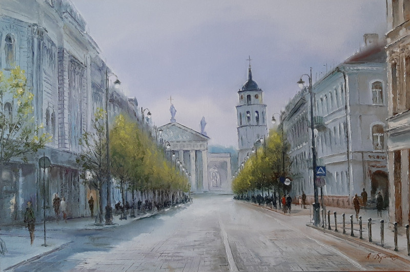 Gediminas Avenue. Spring original painting by Aleksandras Lysiukas. Urbanistic - Cityscape