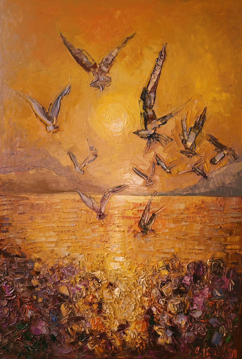 Seagulls Over the Golden Lake original painting by Simonas Gutauskas. Picked landscapes