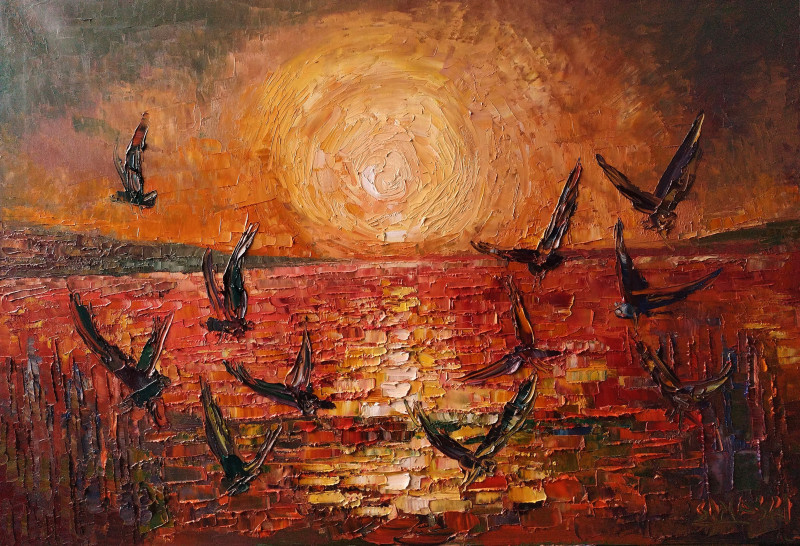 Seagulls Before Sunset original painting by Simonas Gutauskas. More is better