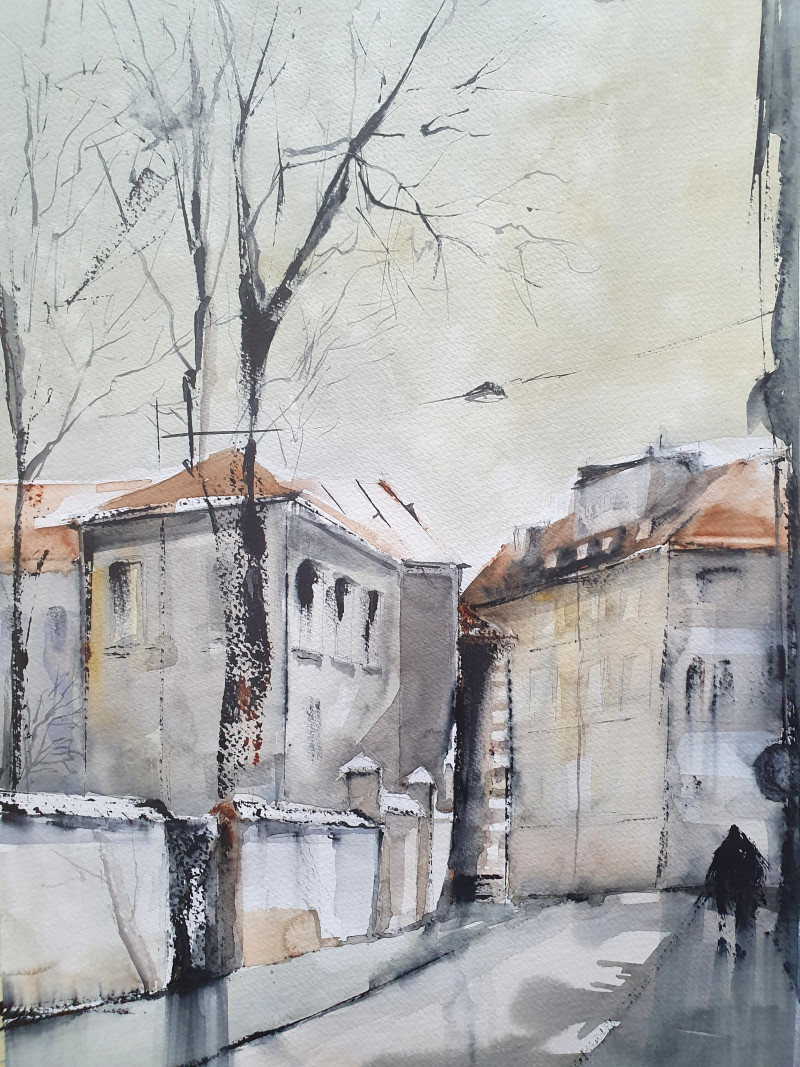 University street original painting by Raimonda Rauluševičienė. Urbanistic - Cityscape