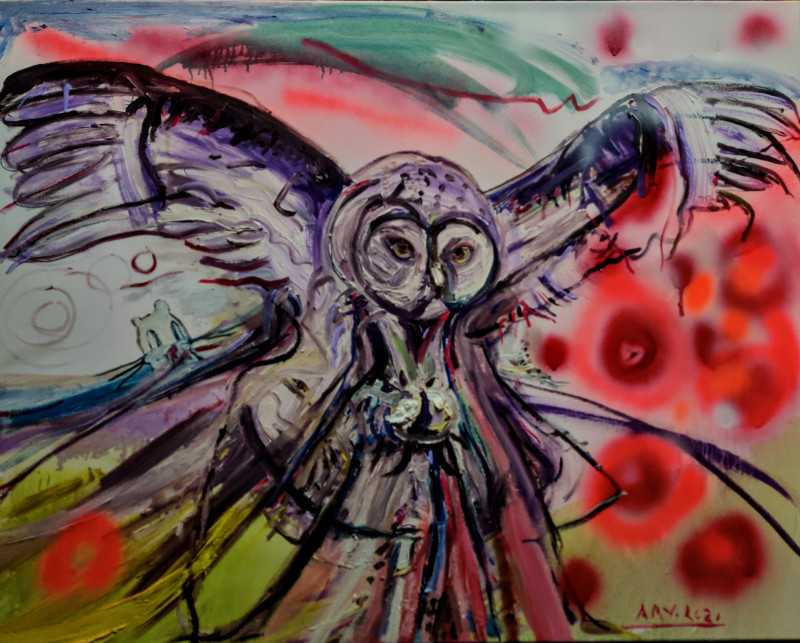 The Owl original painting by Arvydas Martinaitis. Animalistic Paintings