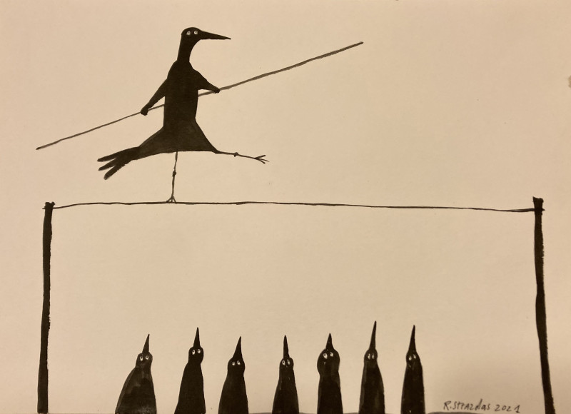 Robertas Strazdas tapytas paveikslas Iš ciklo šarkos Ilonos nutikimai ,,Nukris - nenukris, Juoko dozė , paveikslai internetu