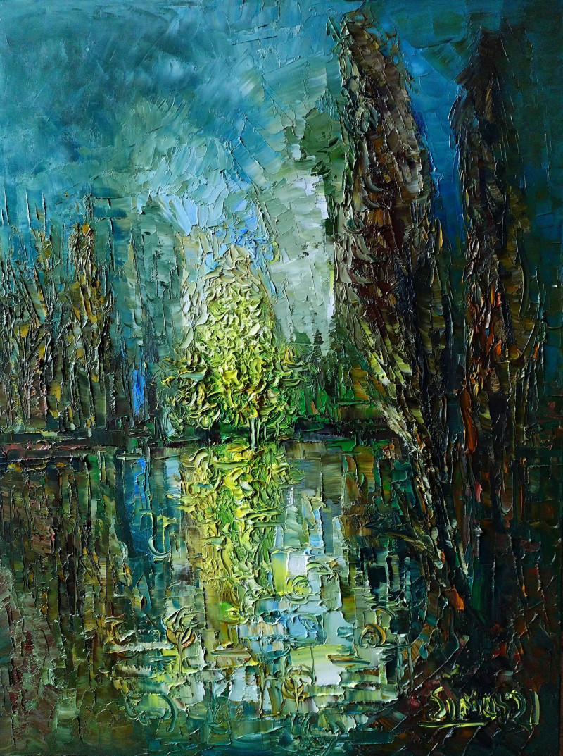 Reflection Of A Flowering Shrub original painting by Simonas Gutauskas. Landscapes