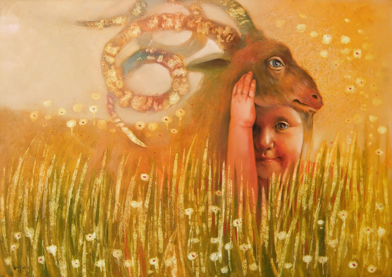 When I Was A Chil - I Had a Goat original painting by Laimonas Šmergelis. Animalistic Paintings