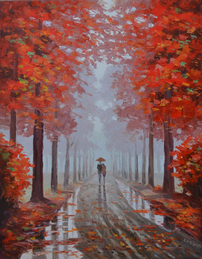 Colorful Alley original painting by Rimantas Virbickas. Paintings With Autumn