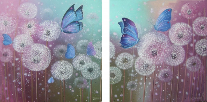 Viktorija Labinaitė tapytas paveikslas Mėlyni drugeliai (Diptikas), Animalistiniai paveikslai , paveikslai internetu