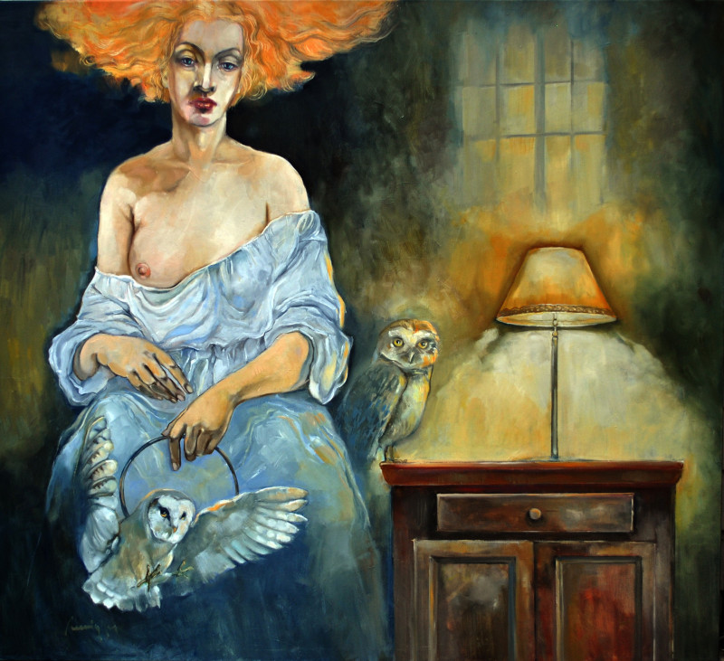 Owl Trainer original painting by Remigijus Janušaitis. More is better