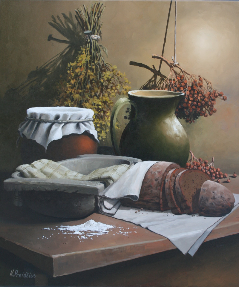 Still Life with Bread original painting by Kęstutis Preidžius. Still-Life