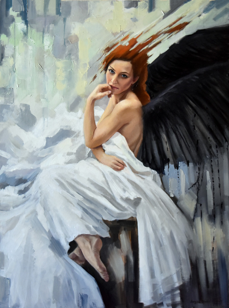 An angel with black wings original painting by Serghei Ghetiu. Paintings With People
