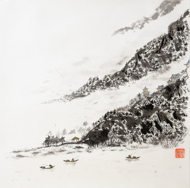 Indrė Beinartė tapytas paveikslas Kalnai-vanduo II, Miniatiūros - Maži darbai , paveikslai internetu