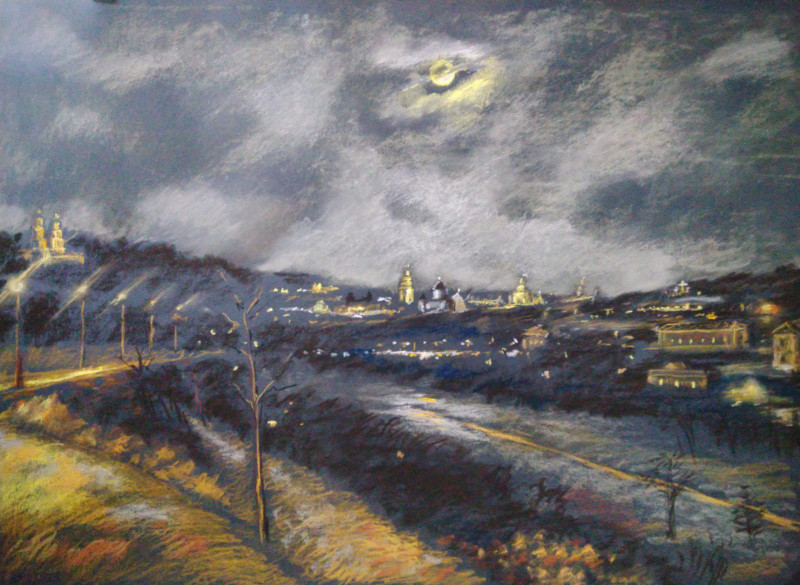 Vilnius in the Night original painting by Aleksandras Kapustinas. Urbanistic - Cityscape