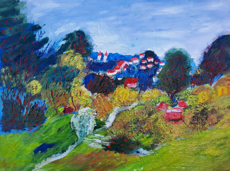 City On A Green Mountain original painting by Gitas Markutis. Landscapes