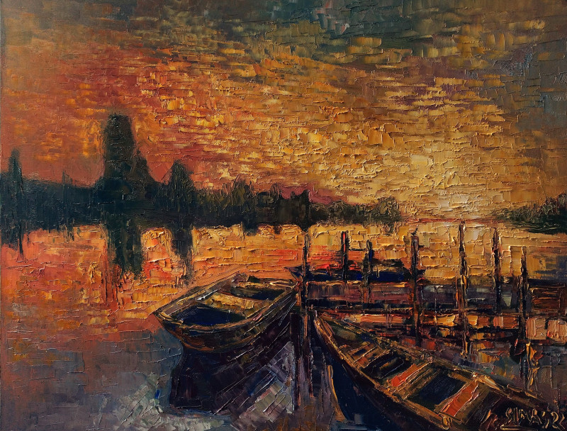 Boats in a Golden River original painting by Simonas Gutauskas. Landscapes