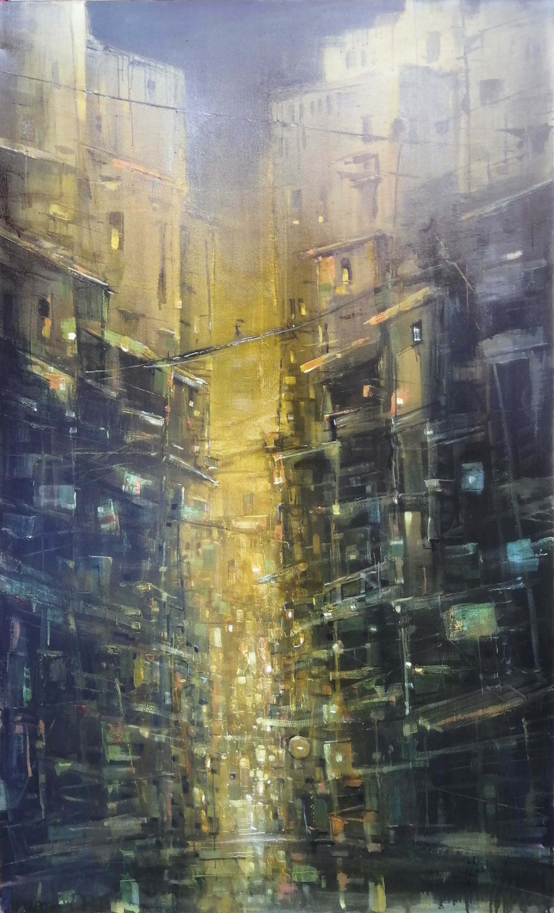 Night City Street Noises original painting by Modestas Malinauskas. Urbanistic - Cityscape