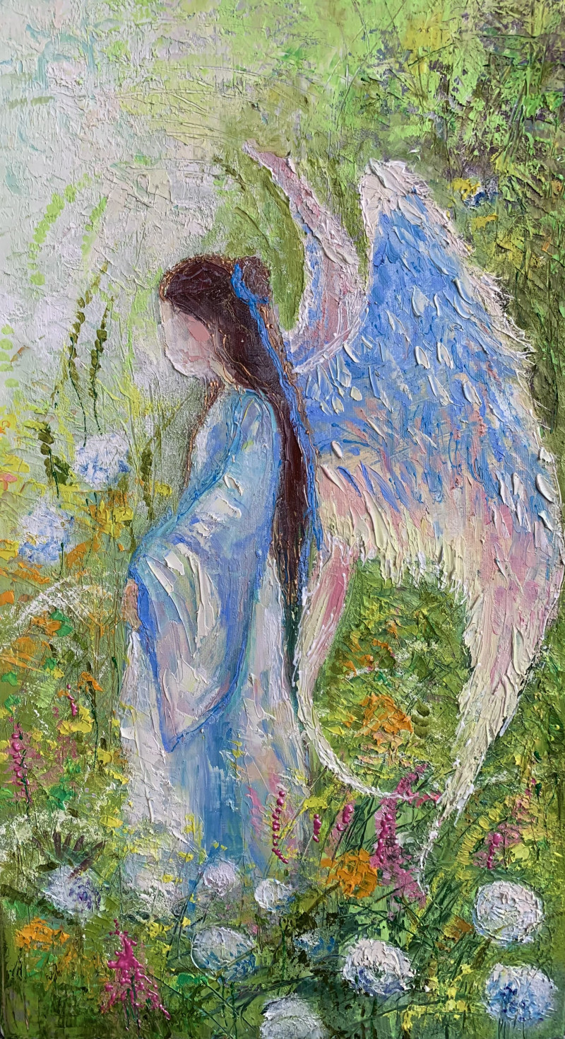 Angel with a Blue Ribbon original painting by Nijolė Grigonytė-Lozovska. Angels