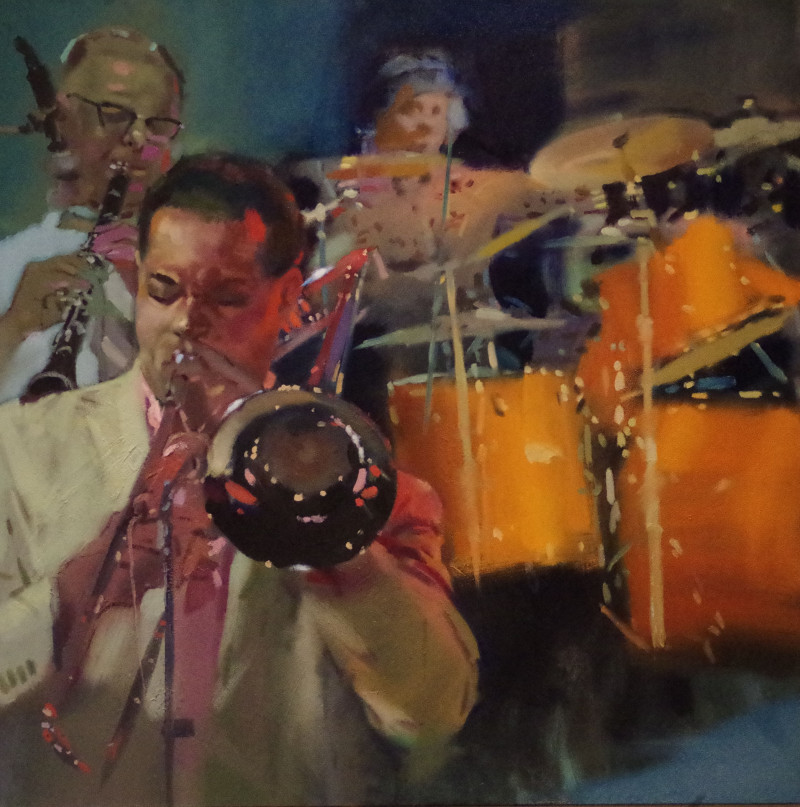 Vygandas Doveika tapytas paveikslas Trombonistas, Šokis - Muzika , paveikslai internetu