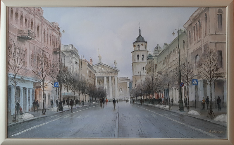 Gediminas Avenue 2 original painting by Aleksandras Lysiukas. Urbanistic - Cityscape