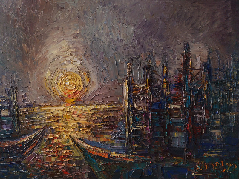 Night Port original painting by Simonas Gutauskas. Landscapes