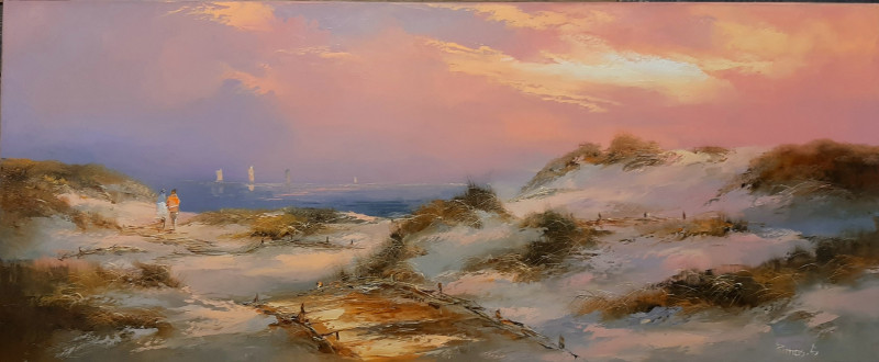 Evening by the Sea original painting by Rimantas Grigaliūnas. Marine Art