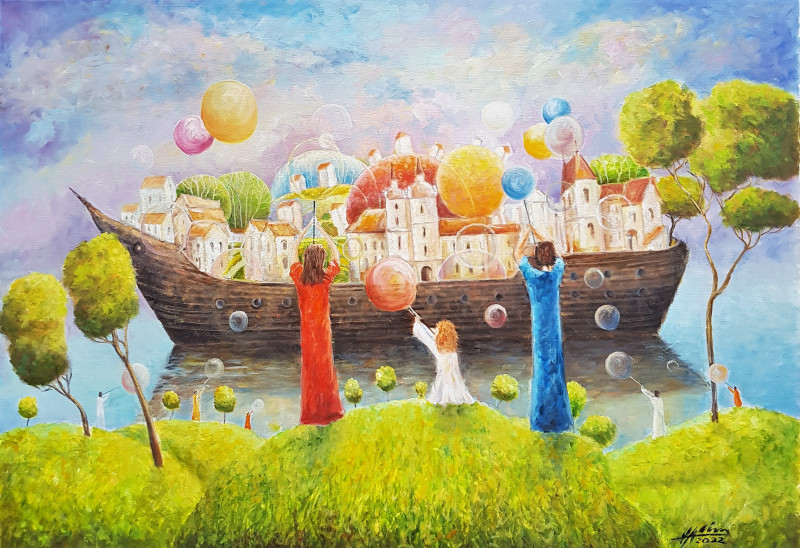 Let's Build and Travel. Dreamer's Ship original painting by Voldemaras Valius. Fantastic