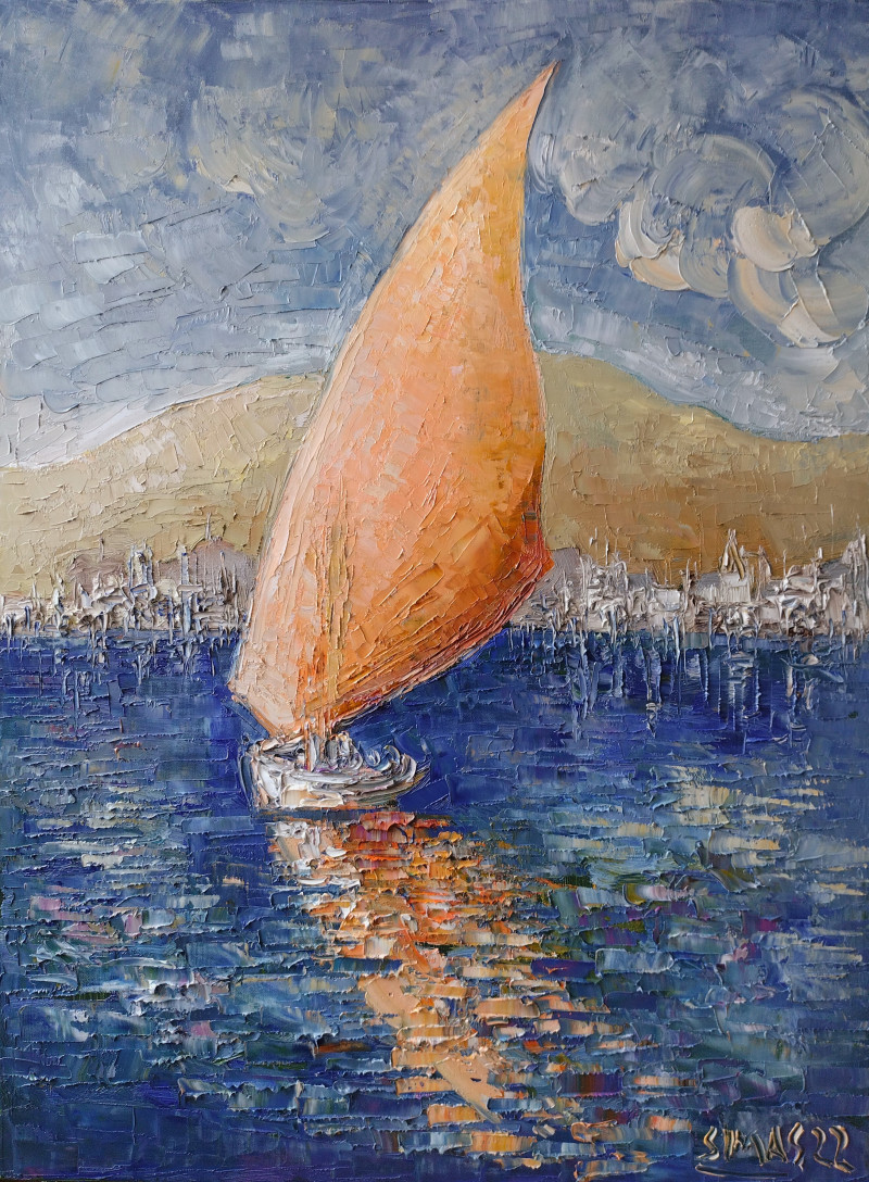 Reflection of the Pink Sail original painting by Simonas Gutauskas. Landscapes