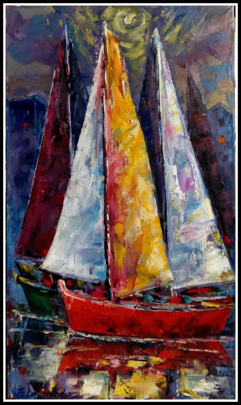 Sails In The Evening original painting by Leonardas Černiauskas. Marine Art
