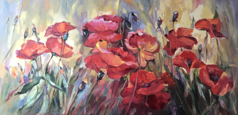 Red Meadow original painting by Birutė Bernotienė-Vall. Paintings With Poppies